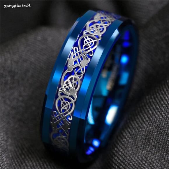 Men's Wedding Band Ring - Blue Celtic Dragon Carbon Fiber - Wedding Rings - Picture 3 of 6